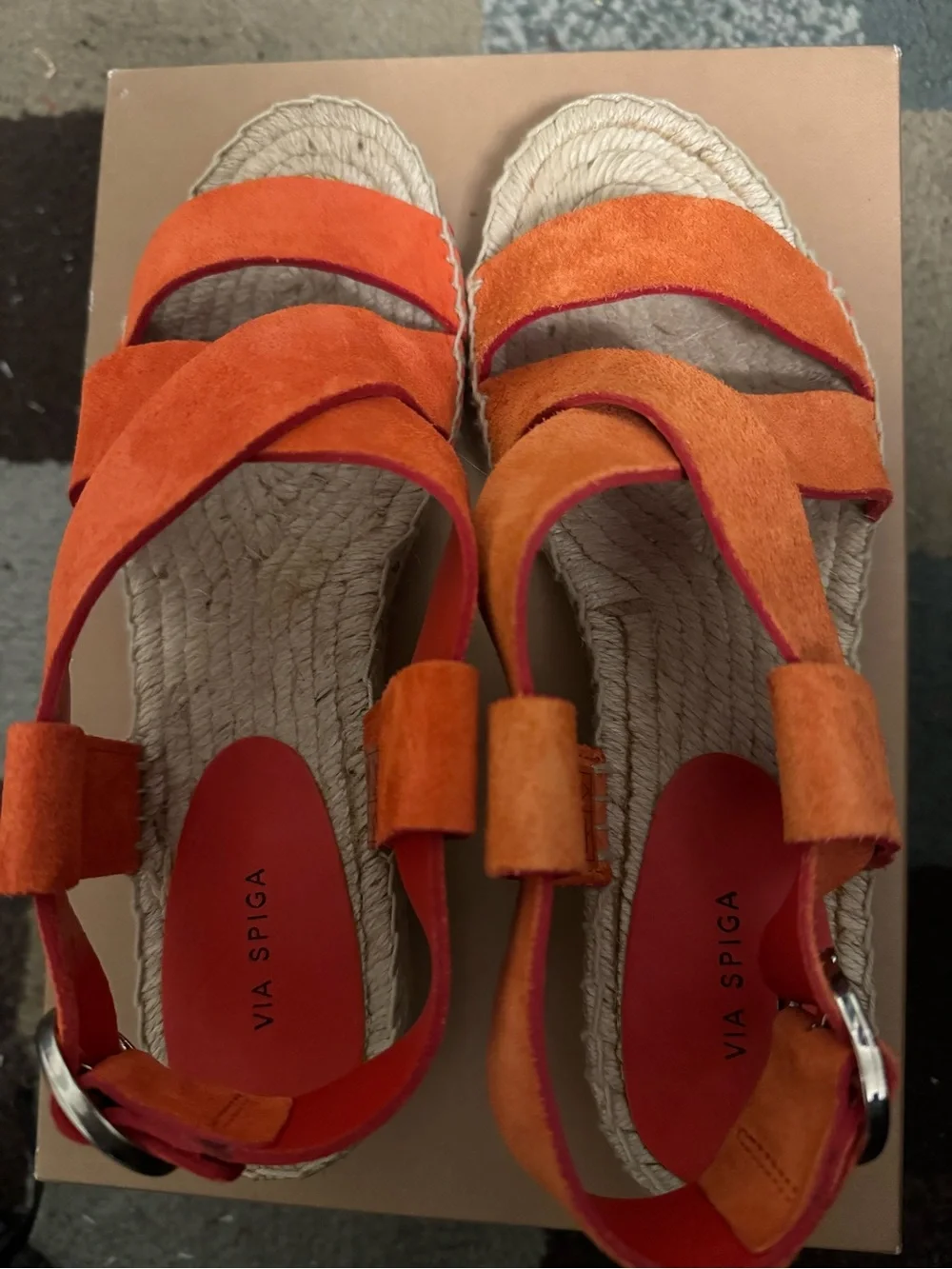 Via Spiga Orange Suede Espadrille Sandals with Red Insole Accents